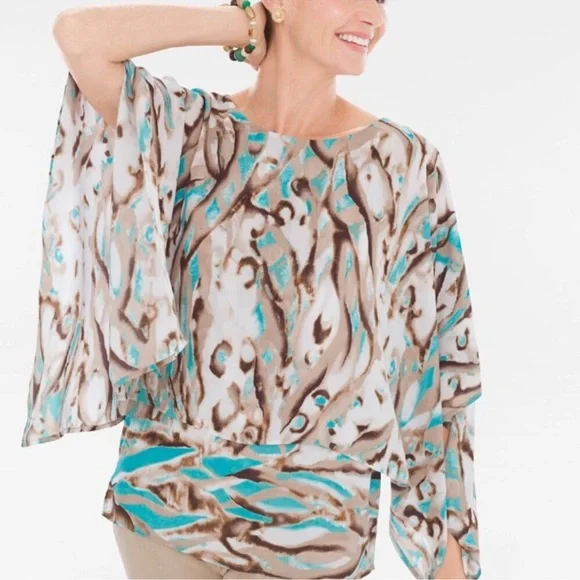 🛑 𝙎𝙊𝙇𝘿 𝙊𝙐𝙏 🛑  𝘾𝙝𝙞𝙘𝙤'𝙨 Travelers Collection Women’s Kimono Style Blouse Size 1 - Picture 2 of 13